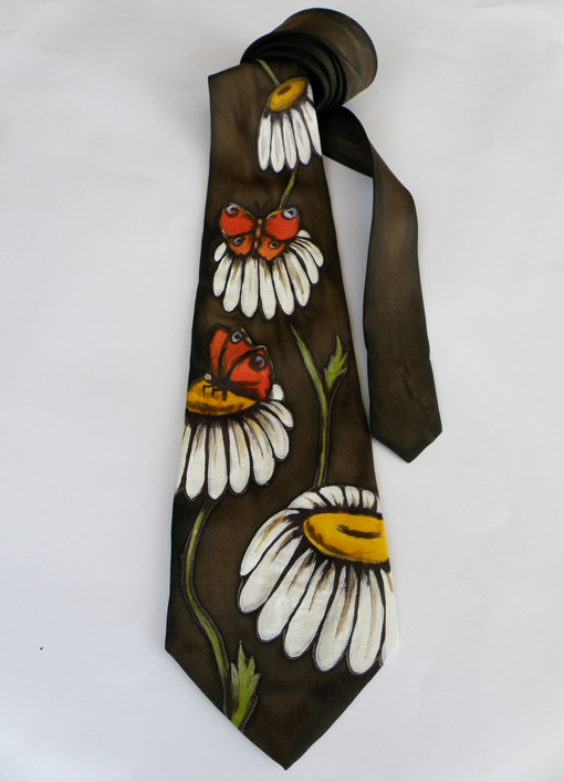 Расписный шелковый галстук Ромашки и бабочки