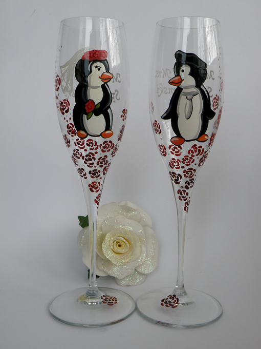 Расписные свадебные бокалы На заказ Пингвины
