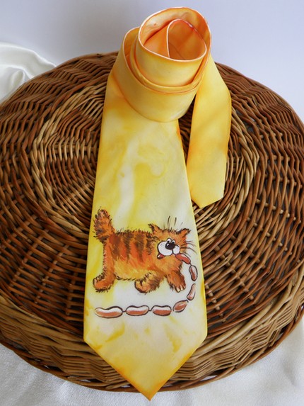 Расписный шелковый галстук Уютный кот