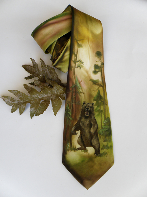 Hand painted silk necktie Bear