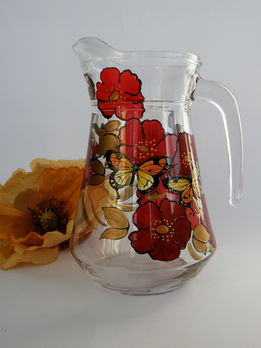 Hand painted juice glass Butterflies and Poppies