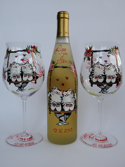 Hand painted glasses and cup Cats Swing