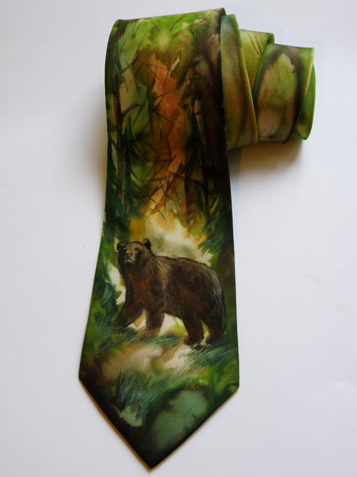 Расписный шелковый галстук Лесной медведь
